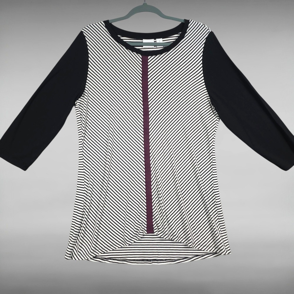 Weekends by Chico's Black White Striped 3/4 Sleeve Top Plum Center Trim Womens 1